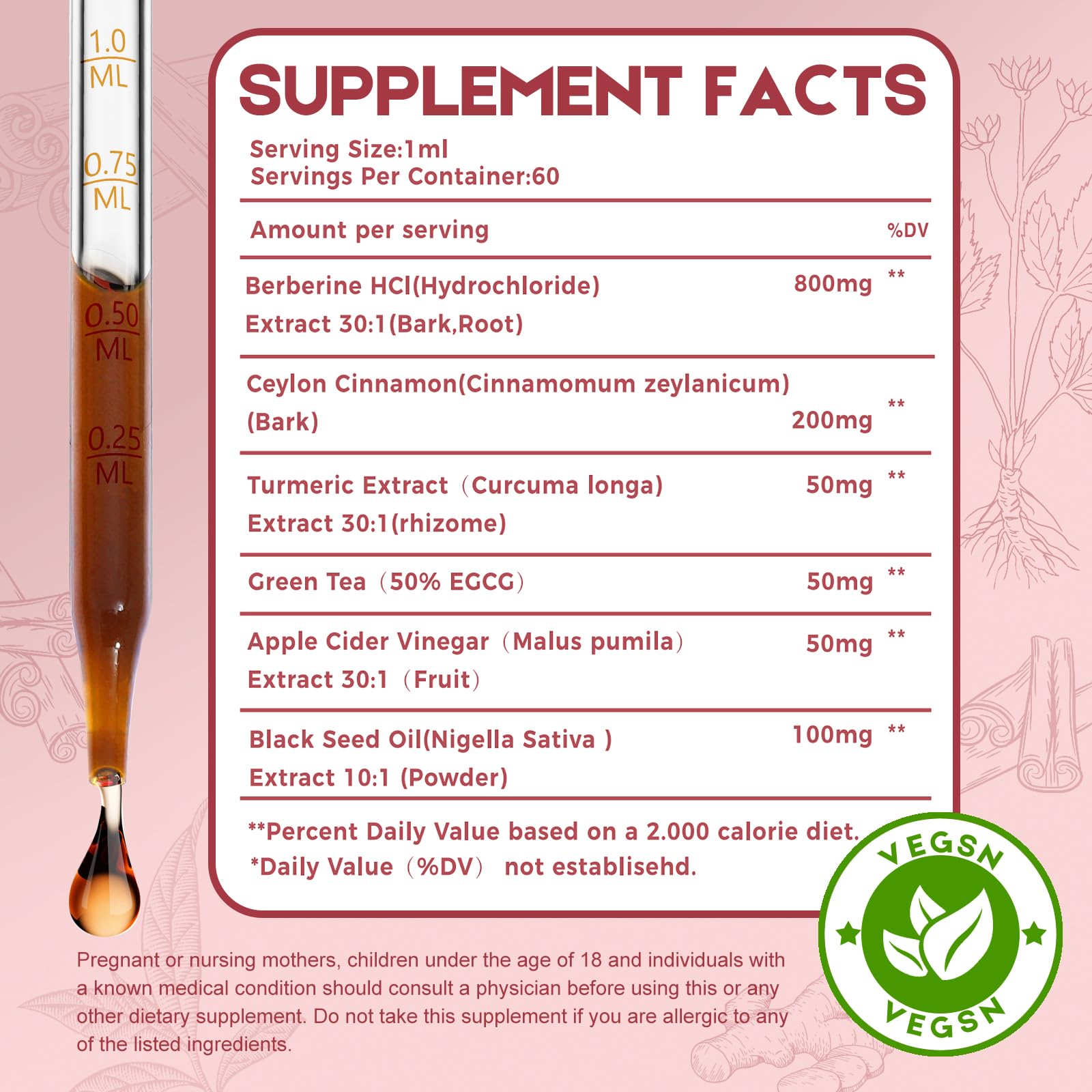 2 Pack Ceylon Cinnamon Berberine Bitter Liquid Drops Supplement with Turmeric,Green Tea,Apple Cider Vinegar,Black Seed Oil for Immune System & Digestive System Supports 4 FL OZ