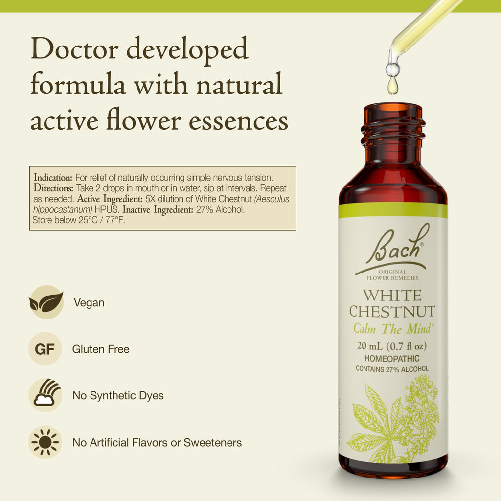 Bach Original Flower Remedies, White Chestnut - Calm The Mind - Natural Homeopathic Flower Essence for Emotional Balance - Vegan, Gluten Free, Sugar Free - 20mL Dropper