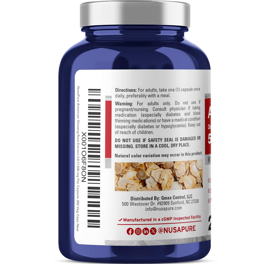 NusaPure American Ginseng Capsules, 500 mg, 200 Veg Capsules (Non-GMO, Vegan)
