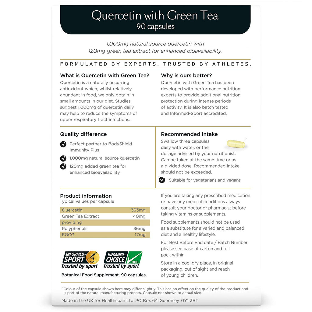 Healthspan Elite Quercetin 333mg with Green Tea | 90 Capsules | All Blacks Official Partner | 120 mg Green Tea to Aid Absorption | Additional Nutrition Protection | Informed Sport Accredited | Vegan