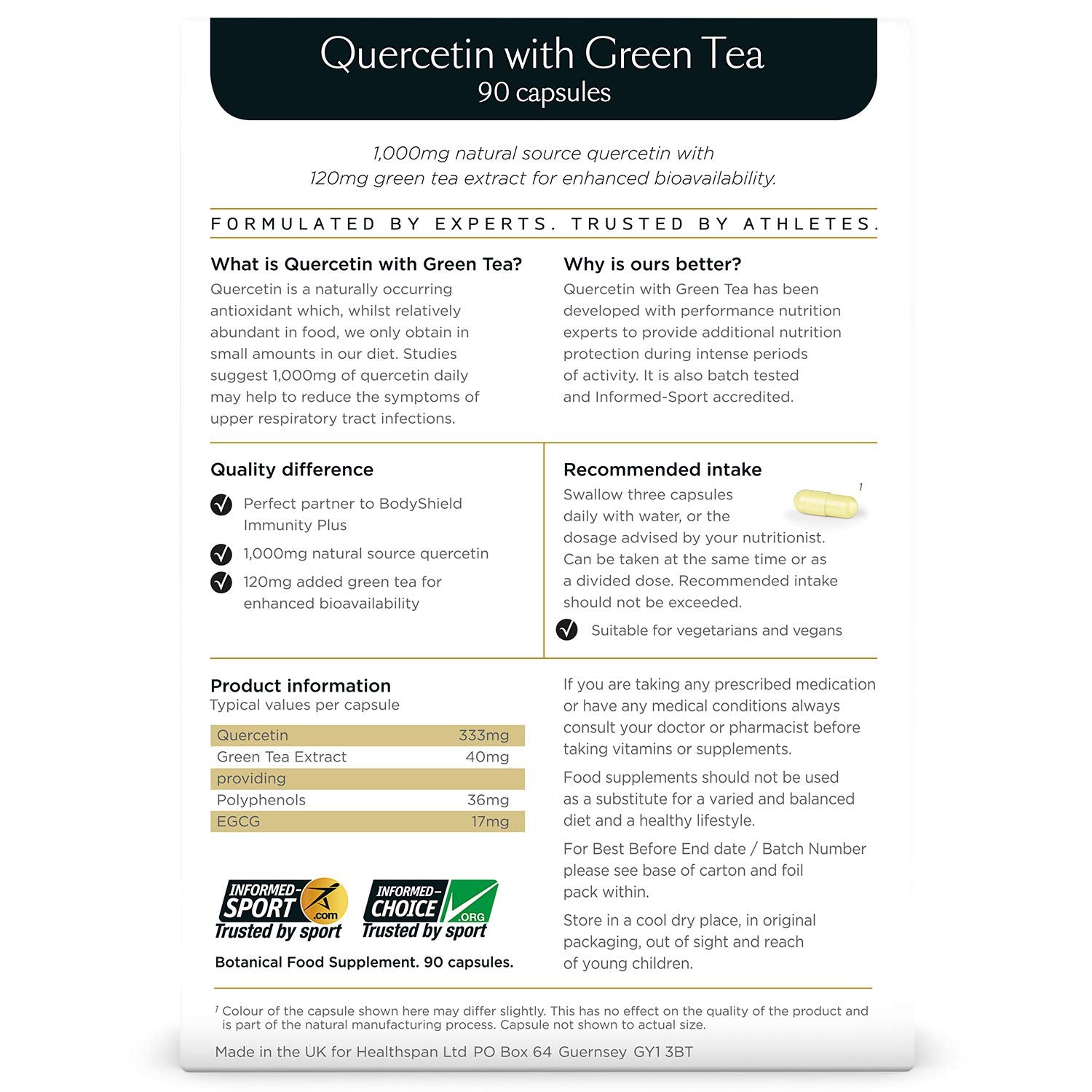 Healthspan Elite Quercetin 333mg with Green Tea | 90 Capsules | All Blacks Official Partner | 120 mg Green Tea to Aid Absorption | Additional Nutrition Protection | Informed Sport Accredited | Vegan