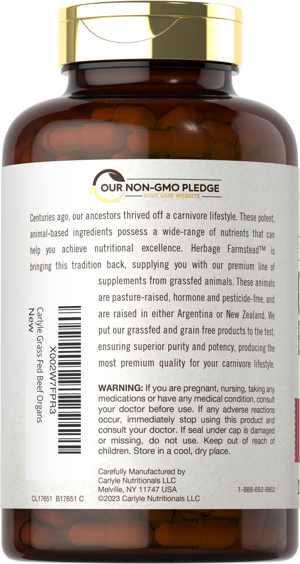 Carlyle Grass Fed Beef Organ Complex | 200 Capsules | Pasture Raised