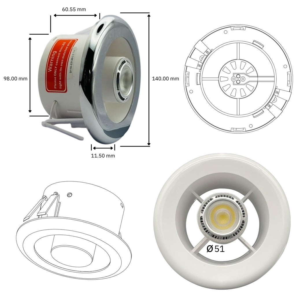 AirTech- UK Air Vent with LED Light and Transformer 4 inches 3W with Chrome & White Grille Fits 100mm /4 inch Ducting Bathroom Shower Air Vent with Light