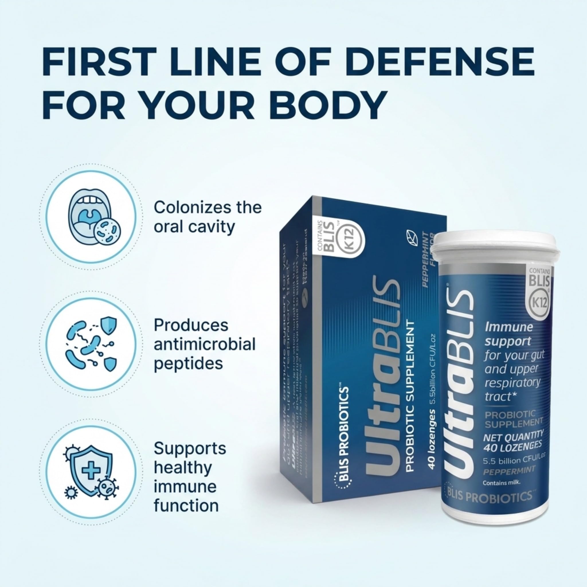 BLIS UltraBLIS Gut & Oral Probiotics K12 Immune Health Support, 40 Lozenges