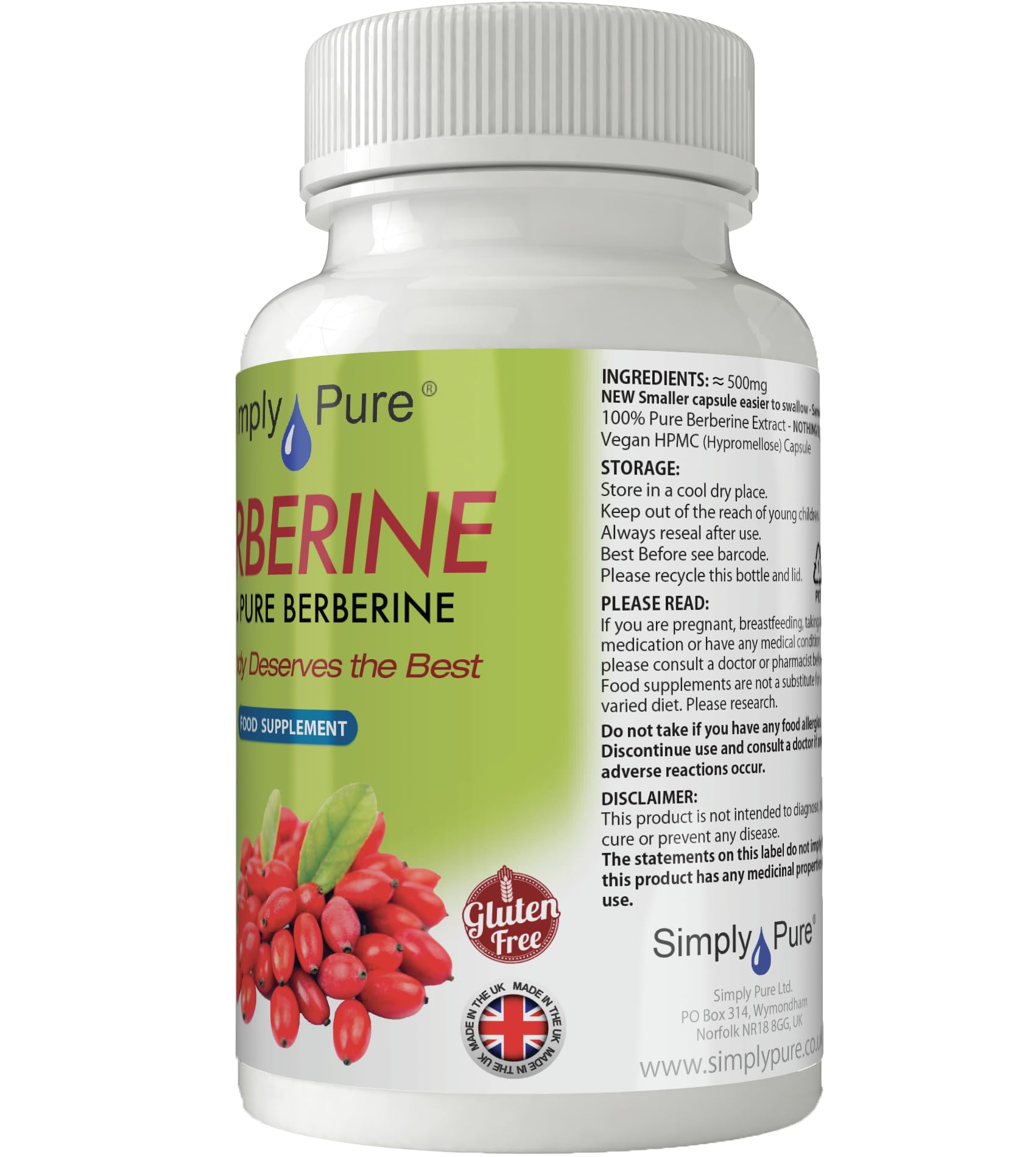 Simply Pure 100% Pure Berberine with NO Fillers or Binders | 90 Capsules