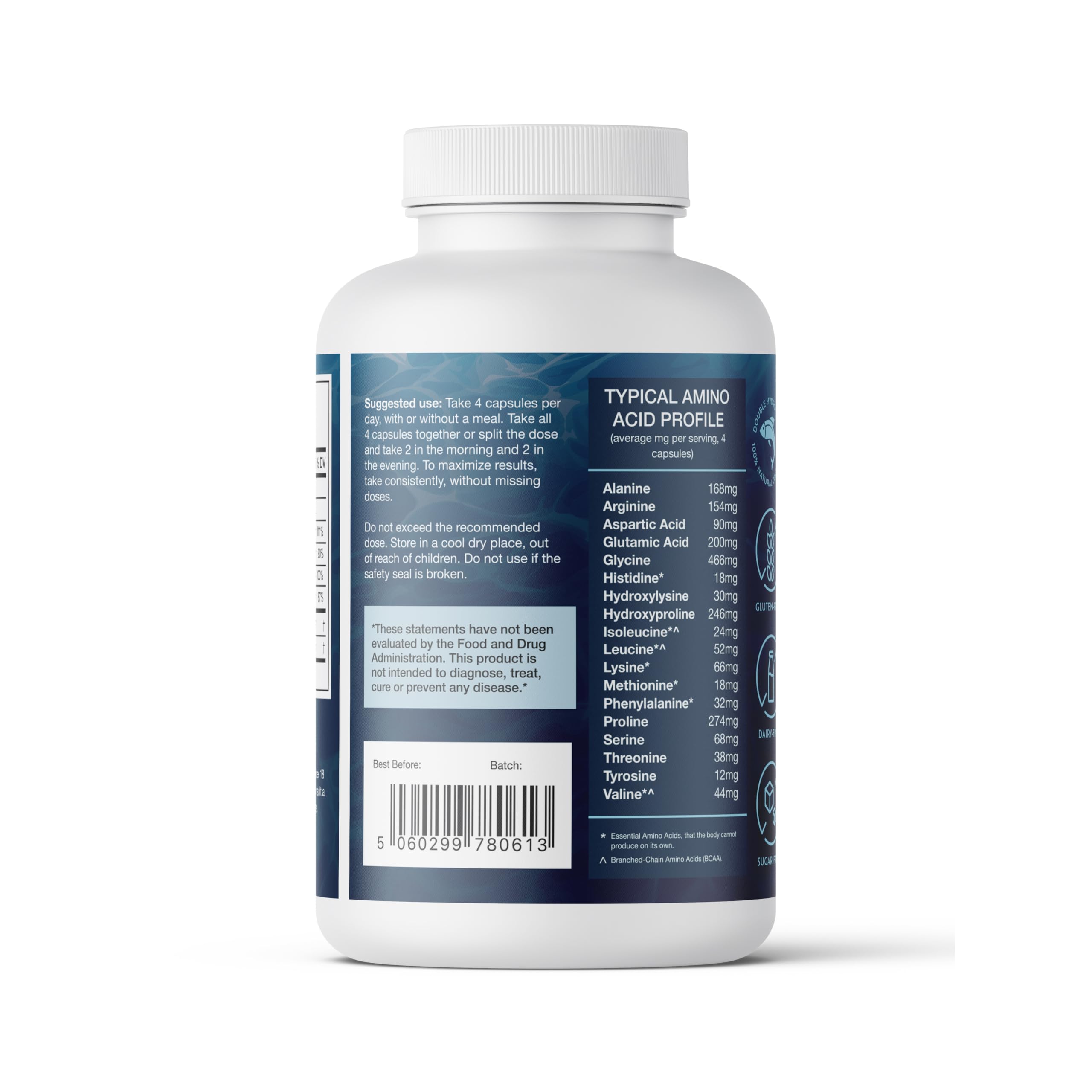 CORREXIKO Marine Collagen Supplement Pills - 1800mg Hydrolyzed Collagen Peptides per Serving with Added Hyaluronic Acid, Vitamin C & Minerals - for Hair, Skin & Nails - 120 Capsules 30 Day Supply