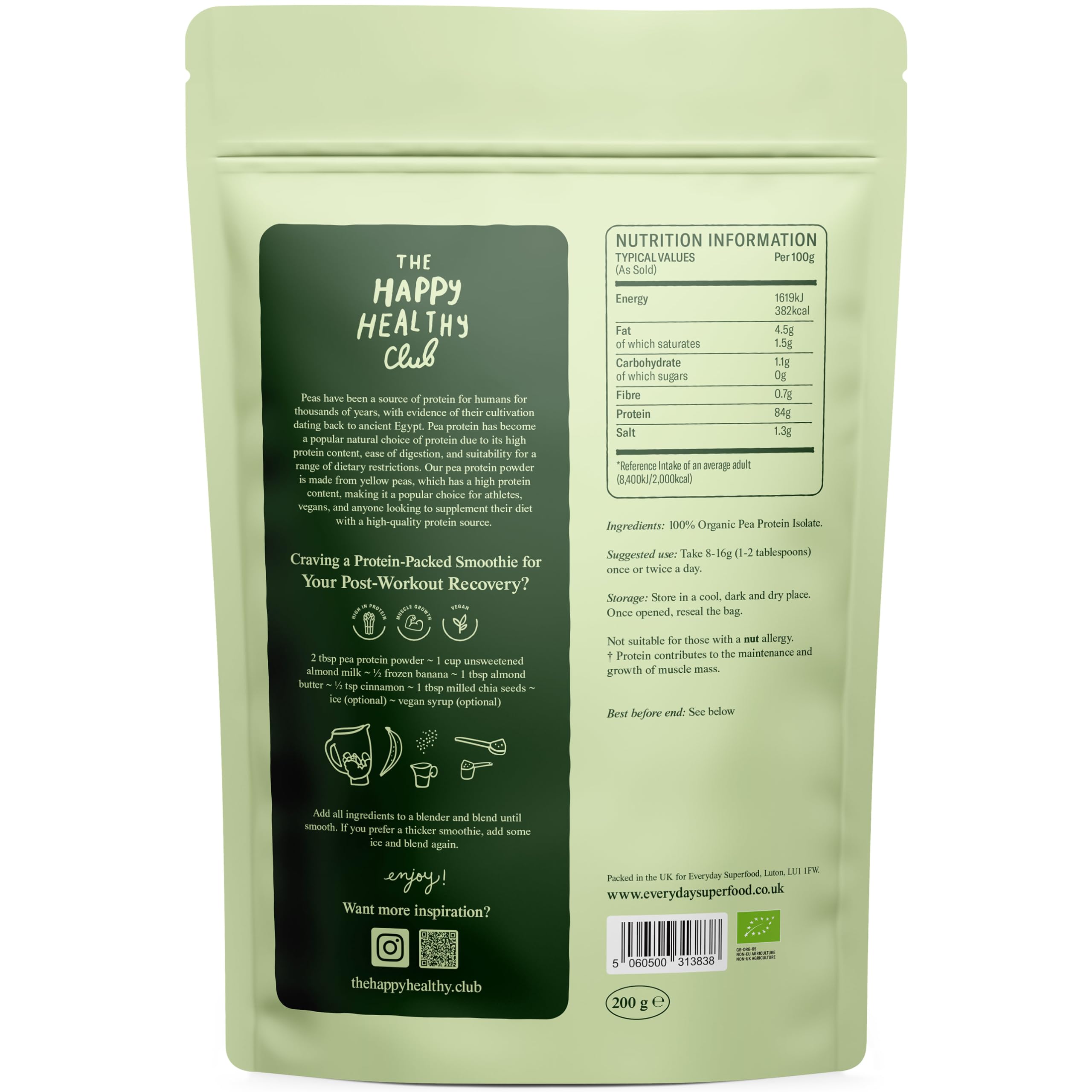 Everyday Superfood Organic Pea Protein Powder 190g | 84% Protein | Unflavoured | Lab-Tested for Heavy Metals | Pre-Workout & Post-Workout | Vegan & Kosher