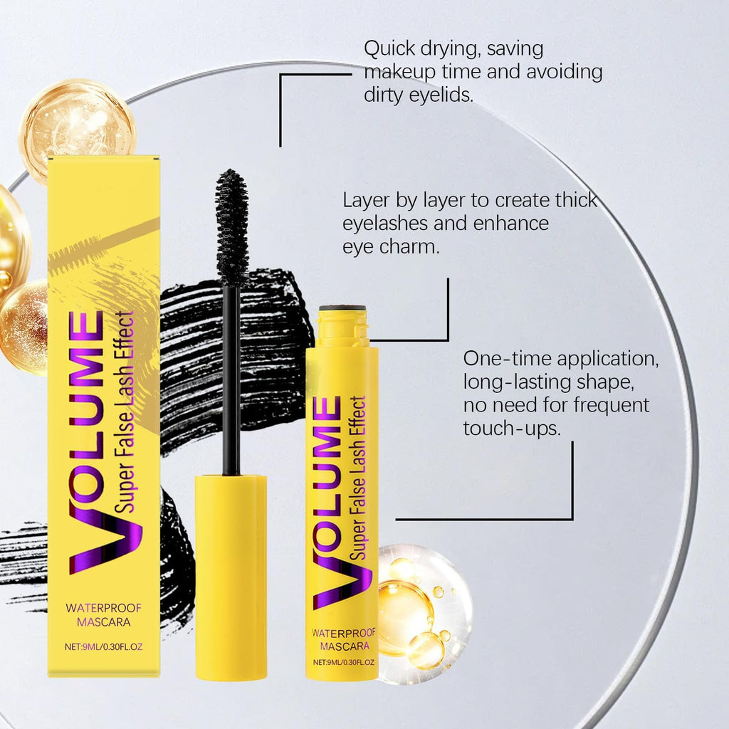 VOLUME Super False Lash Effect Waterproof Mascara - Jet-Black Volumising Lengthening Formula With Spiral Brush In Vibrant Yellow Tube For Clump-Free Smudge-Proof Daily Wear