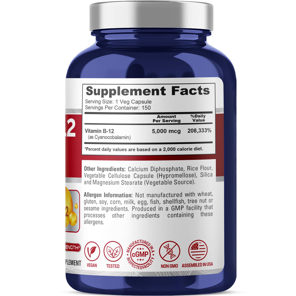 NusaPure Vitamin B12-5000 MCG 150 Veggie Capsules (Non-GMO, Vegan) - Max Strength Vitamin B12