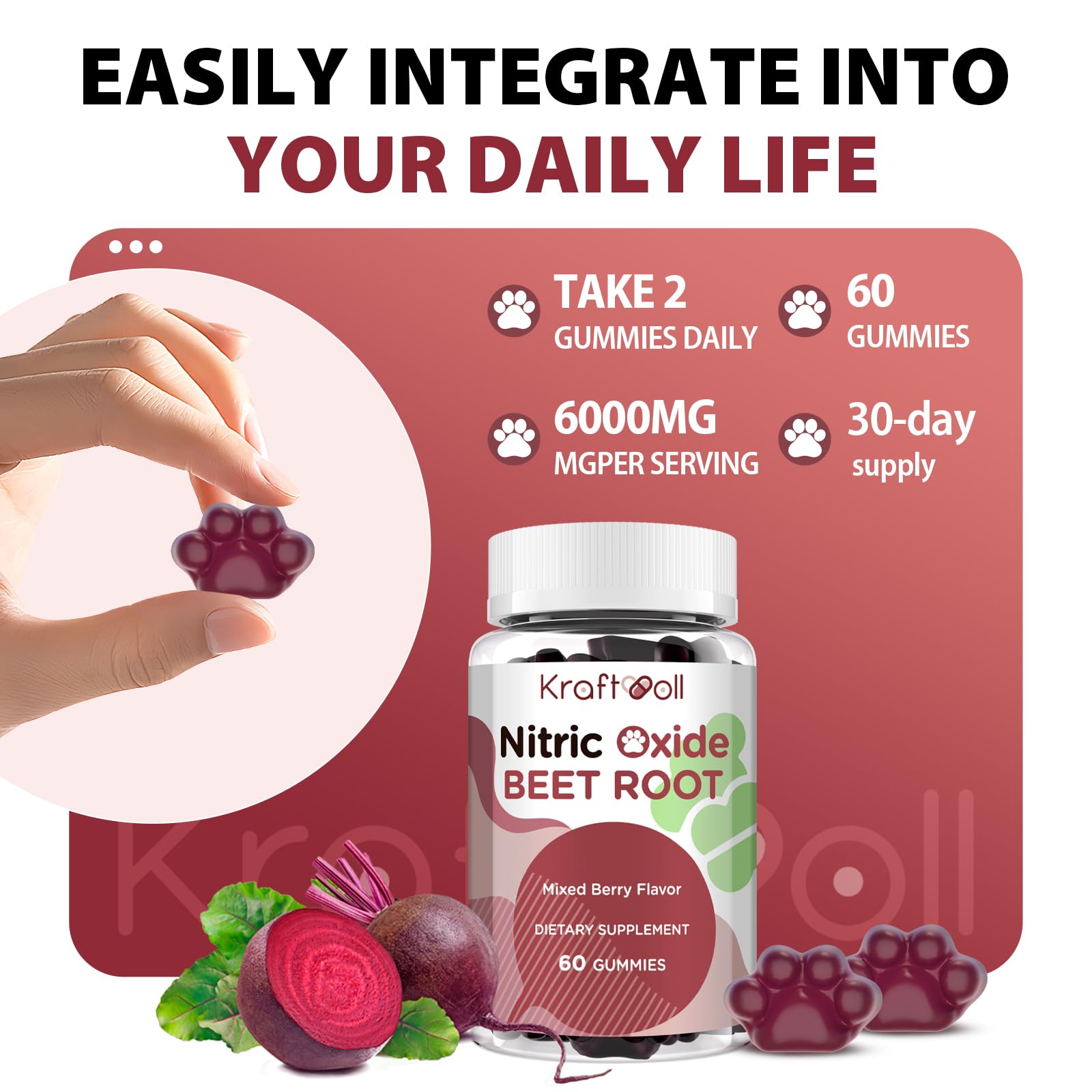 Kraftvoll Nitric Oxide Beet Root Gummies – Sugar-Free Beet Chewables, Mixed Berry Flavor with Grapeseed Powder, Pomegranate, Vitamin C & B12 – Nitric Oxide Supplements for Men – 60 Gummies (2 Bottles)