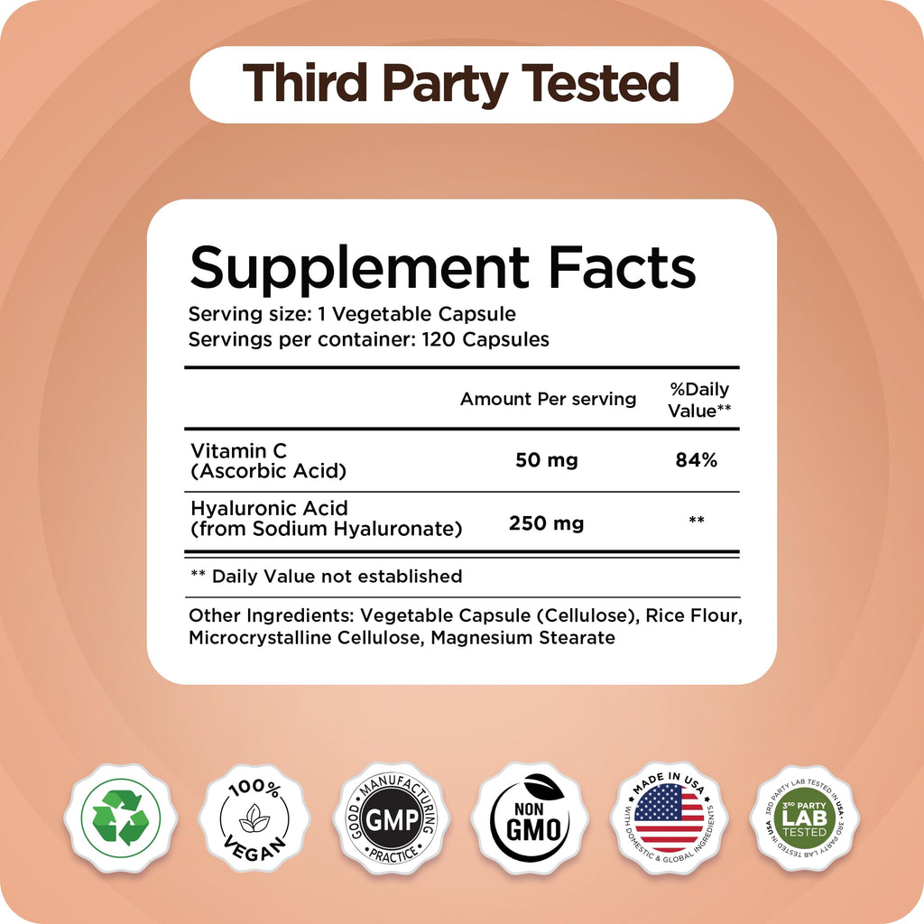 Pure Hyaluronic Acid Supplement 250mg with Vitamin C 50mg, 120 Vegan Capsules - Skin Hydration for Natural Glow, Hair, Nails, Bone and Joint Health Formula