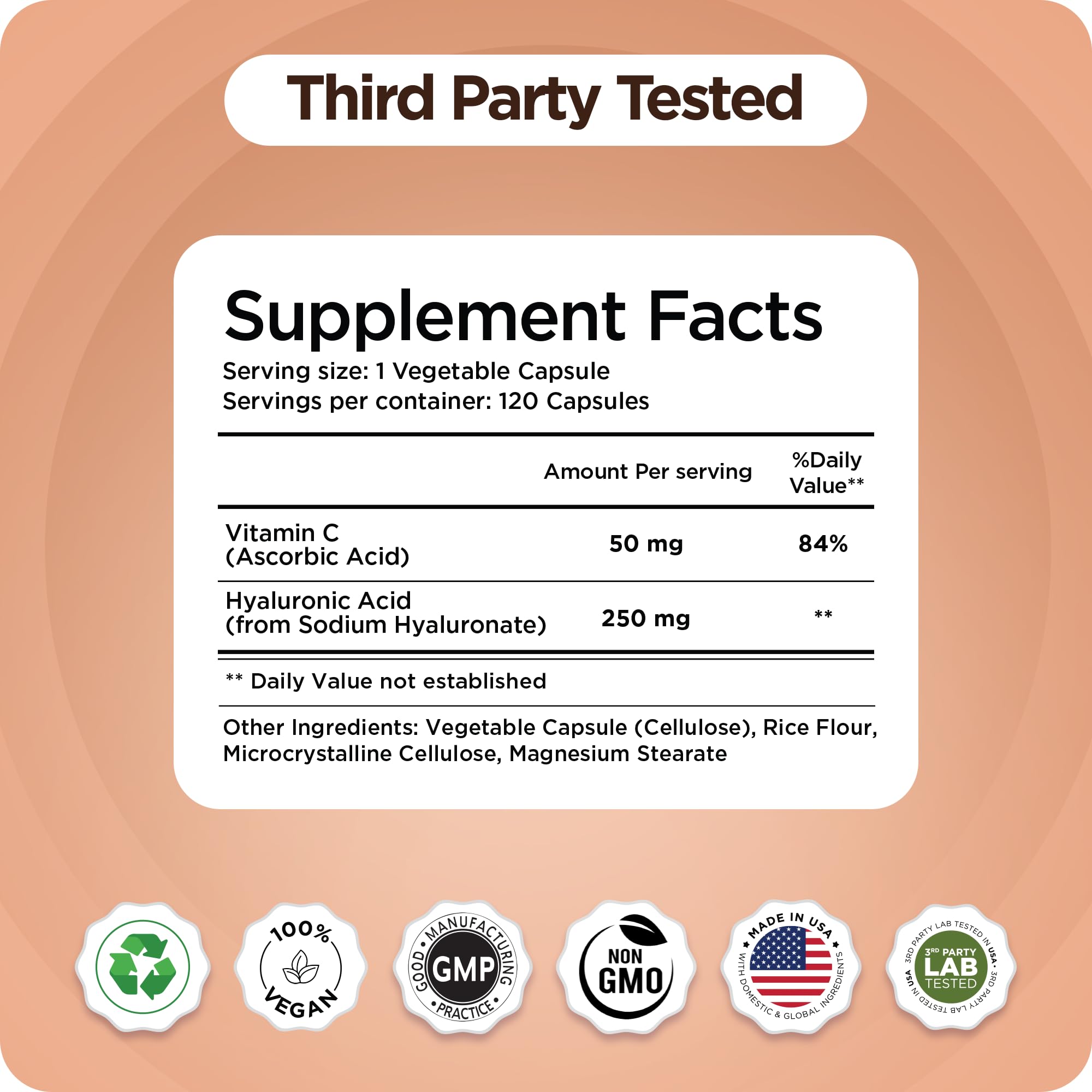 Pure Hyaluronic Acid Supplement 250mg with Vitamin C 50mg, 120 Vegan Capsules - Skin Hydration for Natural Glow, Hair, Nails, Bone and Joint Health Formula