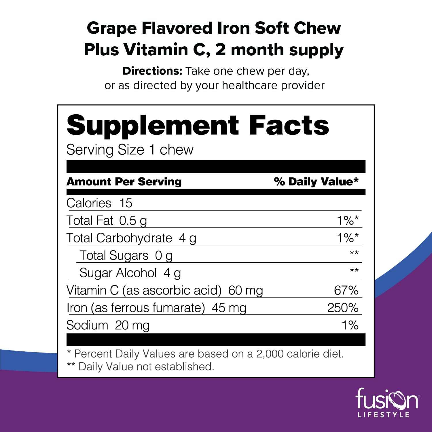 Fusion Lifestyle Chewable Iron Supplement for Women & Men - Grape Flavor, Iron Vitamin C Soft Chew for Max Absorption, Iron as Ferrous Fumarate, Ideal for Anemia and Iron Deficiency, 2 Month Supply