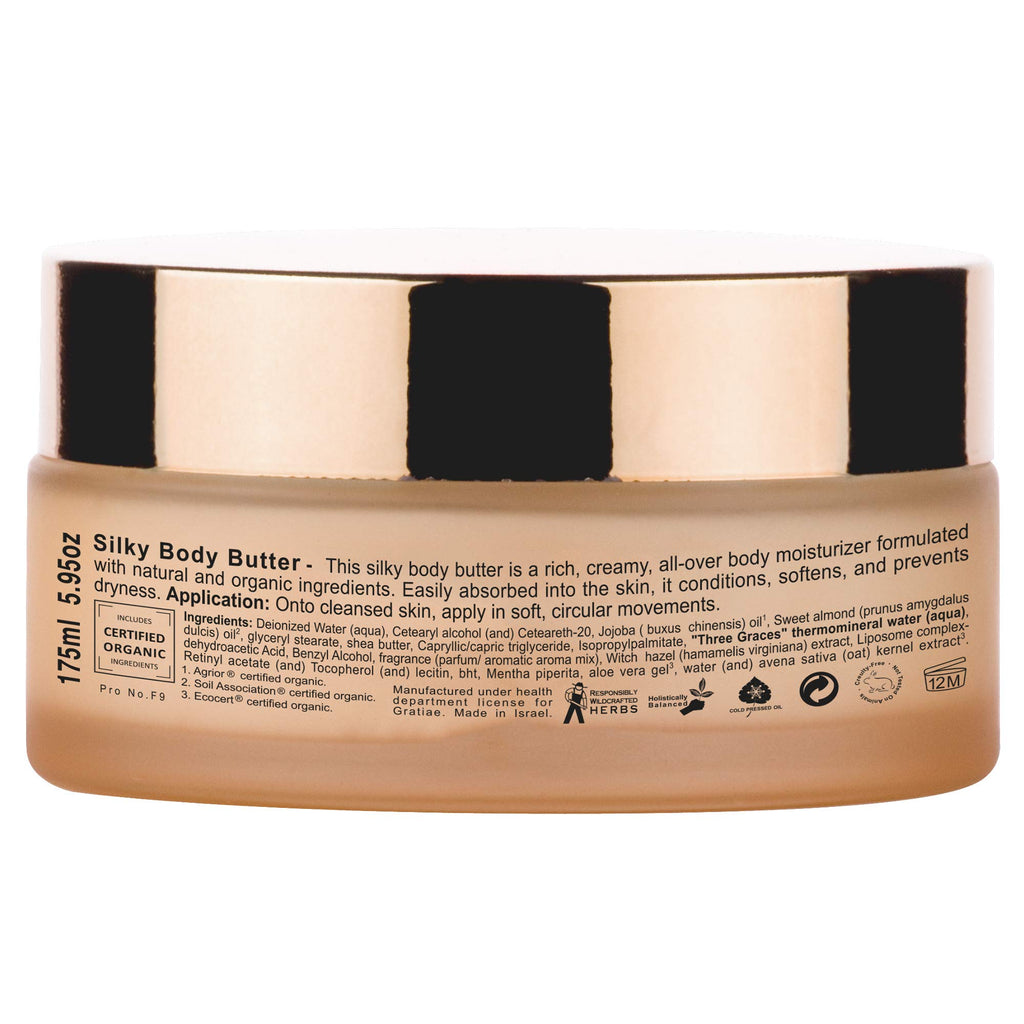 Gratiae organic beauty by nature silky body butter, anti aging skin care shea butter, moisturizer, hydrating stretch mark cream, firming, neck & Décolleté, Apple, Green Tea, and Ginger 5.95Fl.oz