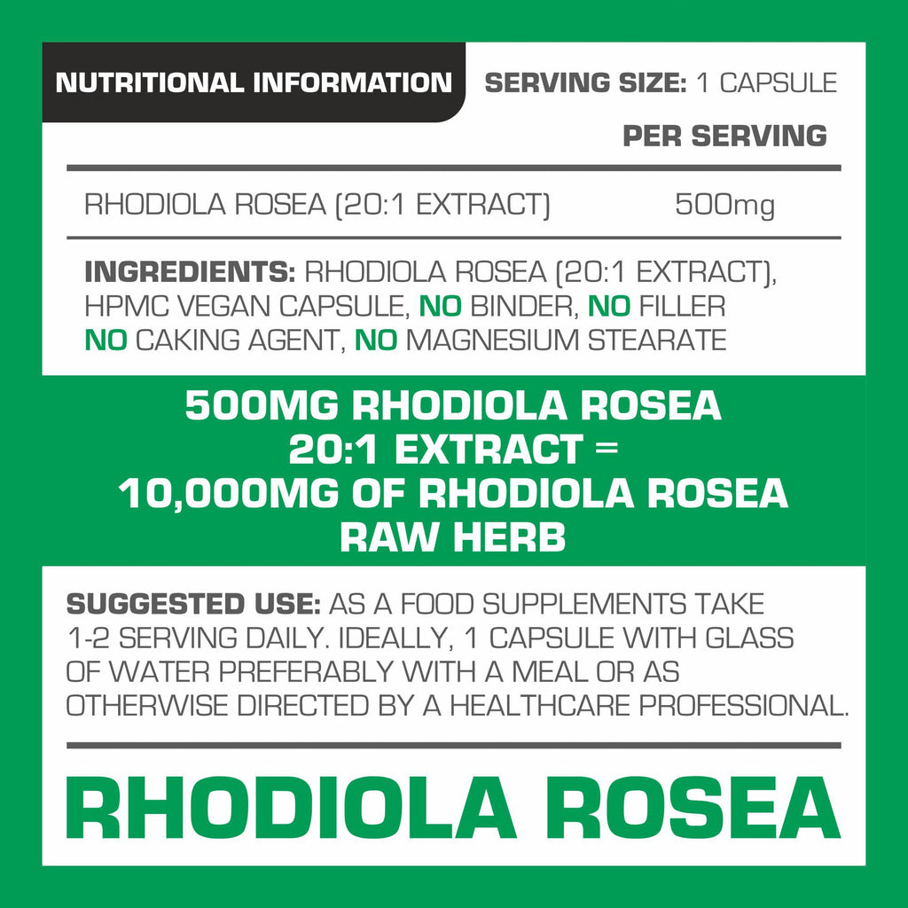 Rhodiola Rosea Extract 500mg 60 Vegan Capsules | 3% Standardised Rosavins 1% Salidrosid | Arctic Root Nootropic Adaptogen Supplement | Premium Rhodiola Root Extract | Made in UK by PROELITE