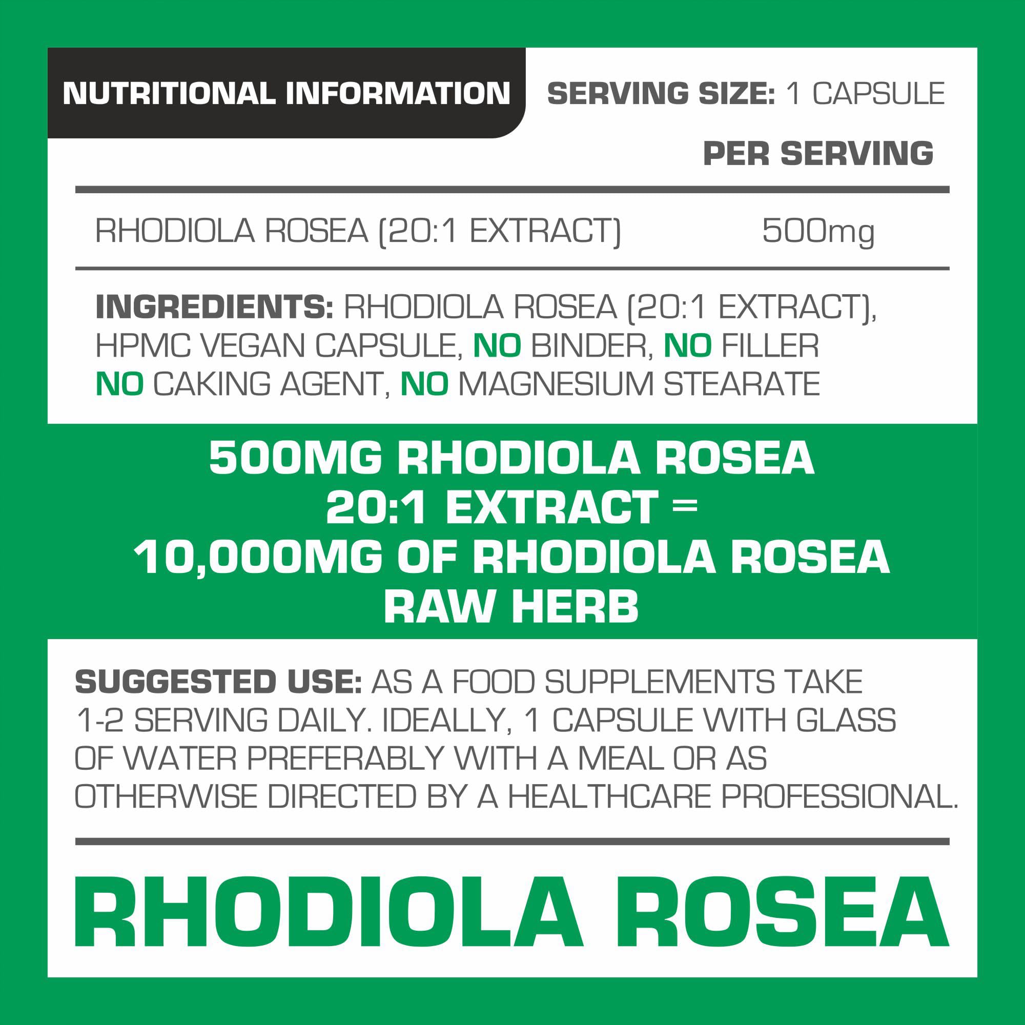 Rhodiola Rosea Extract 500mg 60 Vegan Capsules | 3% Standardised Rosavins 1% Salidrosid | Arctic Root Nootropic Adaptogen Supplement | Premium Rhodiola Root Extract | Made in UK by PROELITE