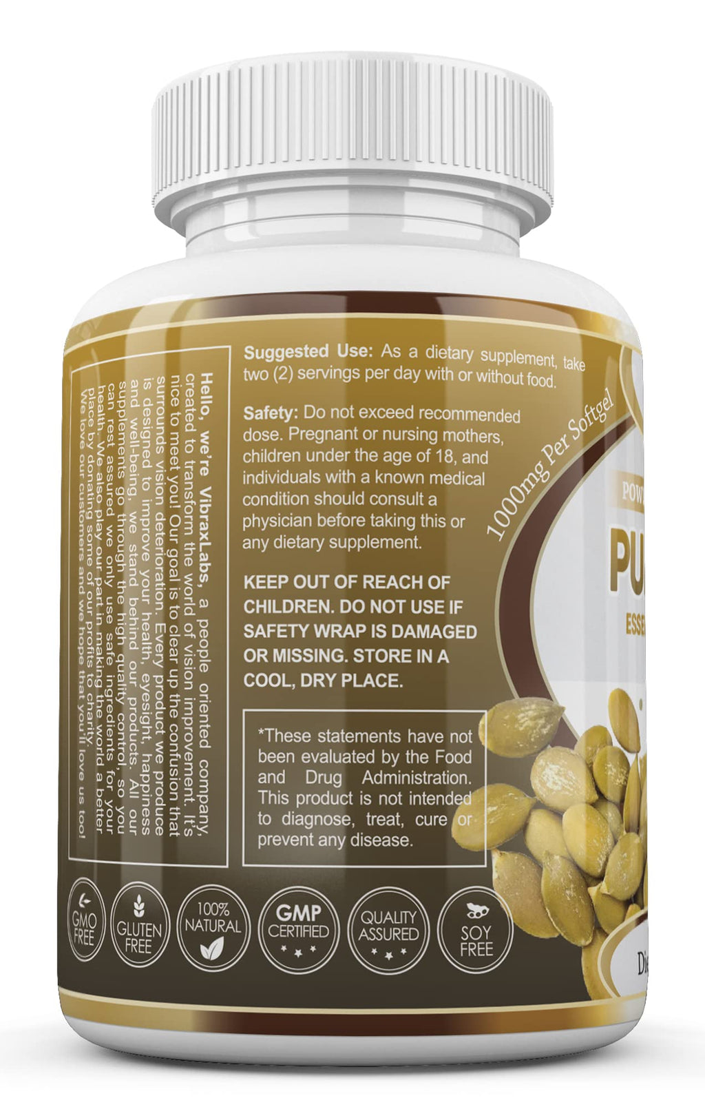 vibraxlabs Pumpkin Seed Oil - 100% Cold Pressed Pure 1000mg Extraction - Best for Hair Growth, Younger Looking Skin & Face, Bladder Control Supplement, 60 Softgels