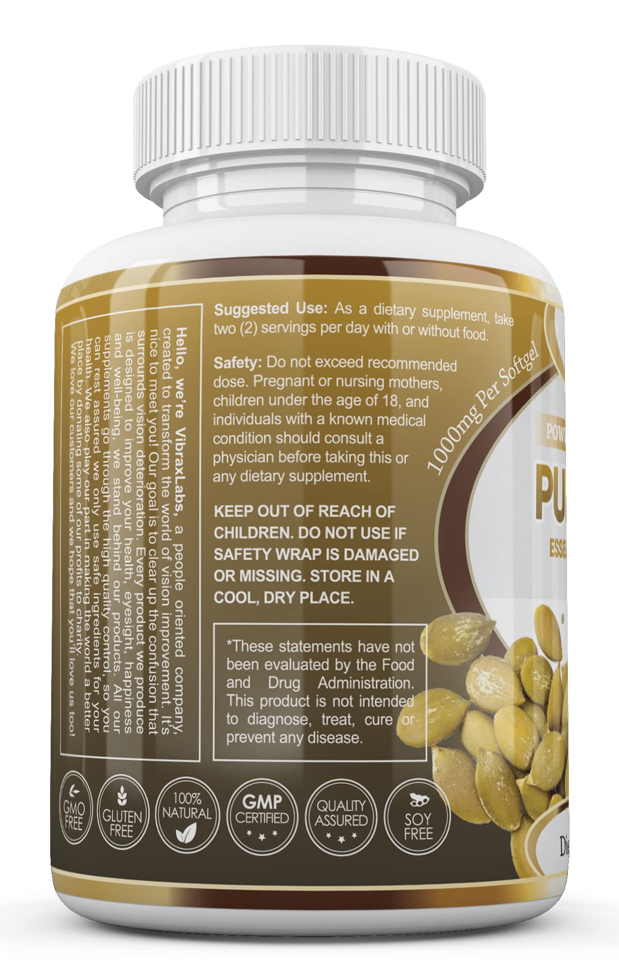 vibraxlabs Pumpkin Seed Oil - 100% Cold Pressed Pure 1000mg Extraction - Best for Hair Growth, Younger Looking Skin & Face, Bladder Control Supplement, 60 Softgels