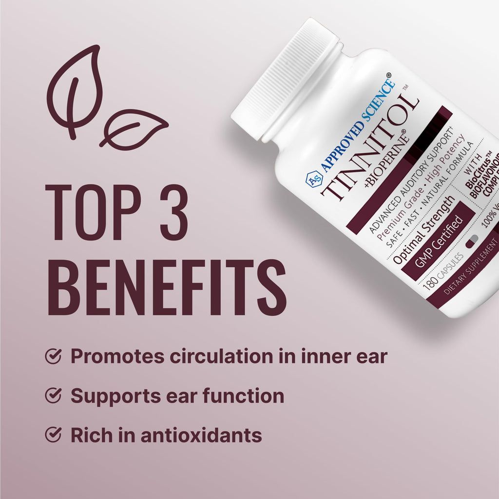 Approved Science Tinnitol - Tinnitus Support Supplement - Ease Ringing in The Ears - Boost Inner Ear Health - 1 Bottle - 3 Month Supply - Made in The USA