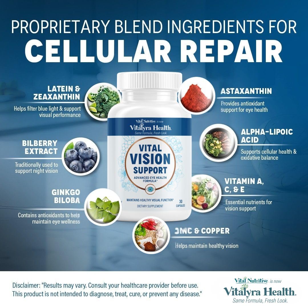 Vital Vision Support – Eye Health Supplement with Vitamin A, Lutein, Beta Carotene & Antioxidants – Eye Vitamins Support Hydration & Oxidative Stress -30 Days Serving