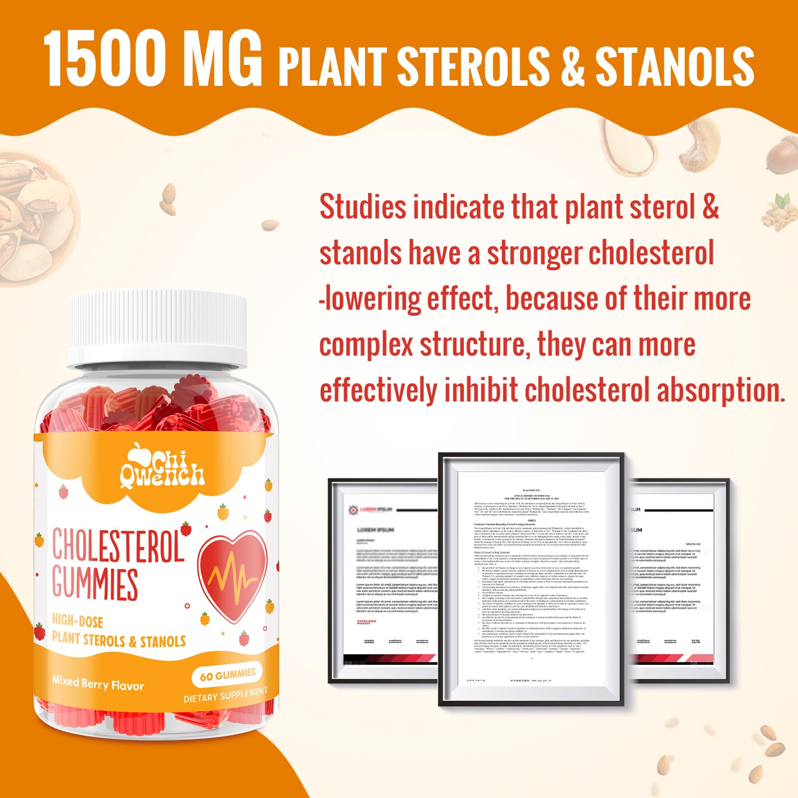 ChiQwench Cholesterol Supplements with 1500 Mg Plant Sterols & Stanols, Cholesterol Support Gummies, Cholesterol Complex Gummies, Maintains Normal Levels, Mixed Berry Flavor, 60 Count