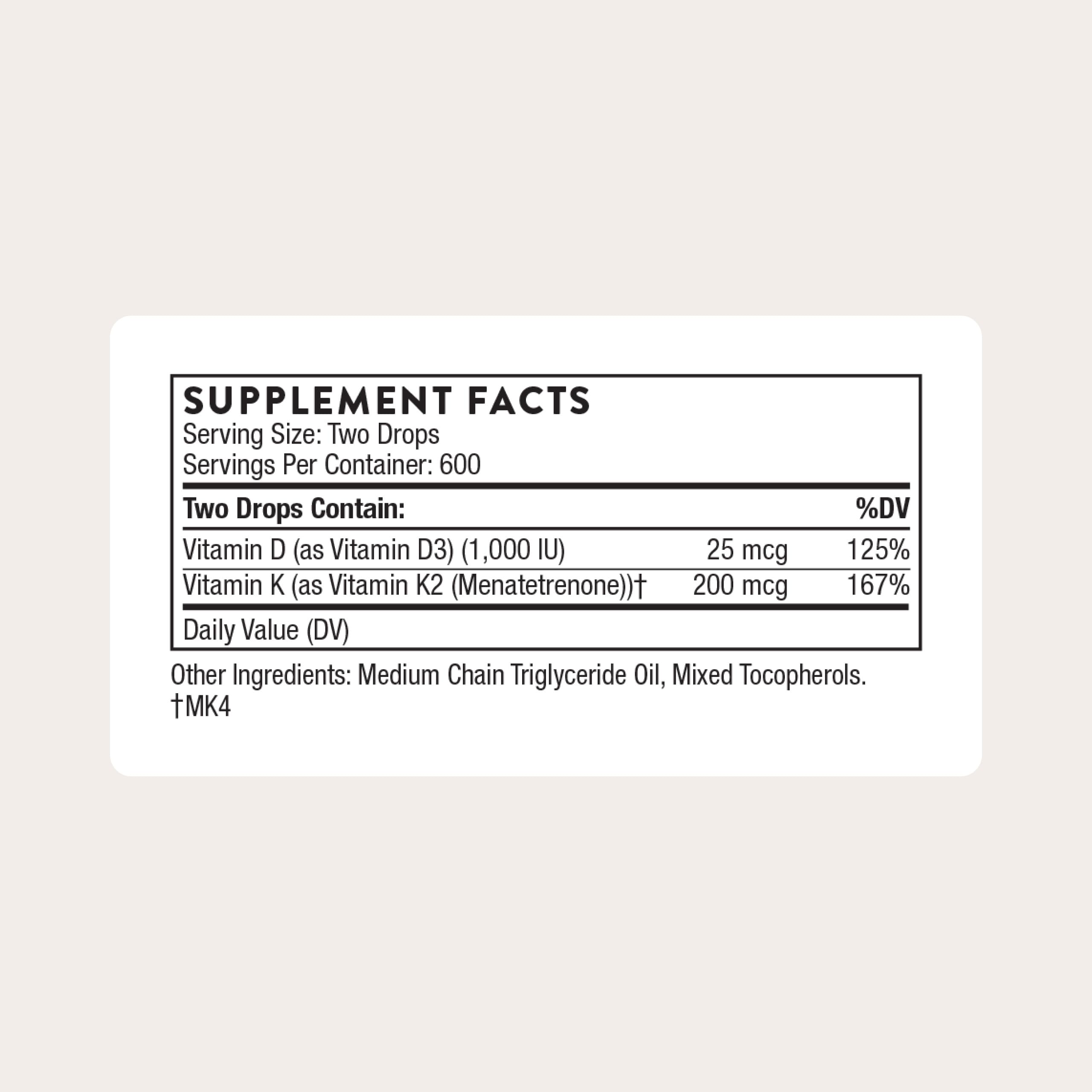 THORNE - Vitamin D + K2 Liquid with a Metered Dispenser - Vitamins D3 & K2 to Support Healthy Bones & Muscles* - 1 Fl Oz (30 ml) - 600 Servings