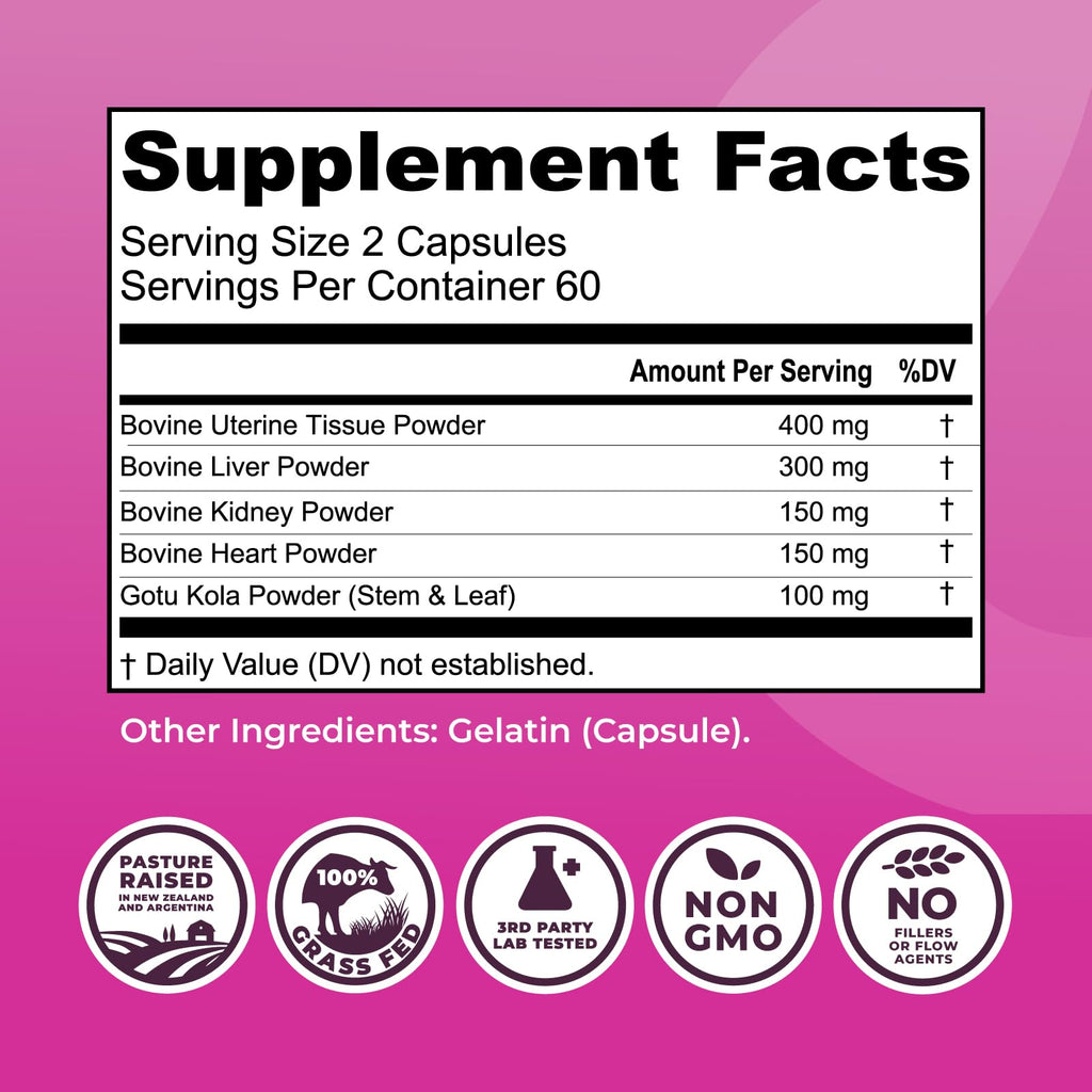 Beef Organ Supplement for Women - Beef Liver, Kidney, Heart and Uterus Tissue, Supports Women's Overall Energy and Health - Pasture Raised in New Zealand - No Fillers or Flow Agents - 120 Capsules