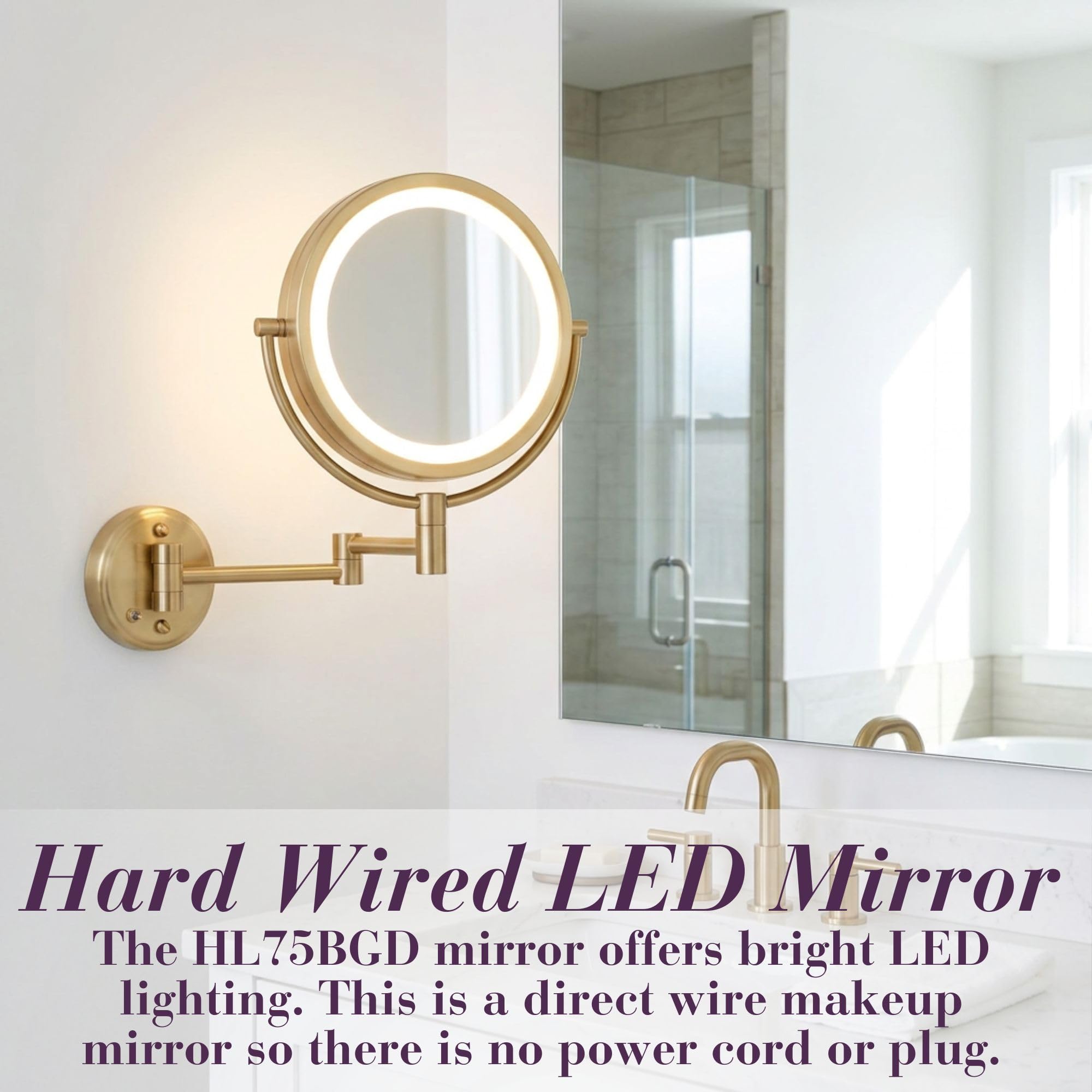 JERDON Wall-Mounted Vanity Mirror with Magnification - Direct Wire Lighted Makeup Mirror - 8X Magnification - Gold Finish, Model HL75BGD