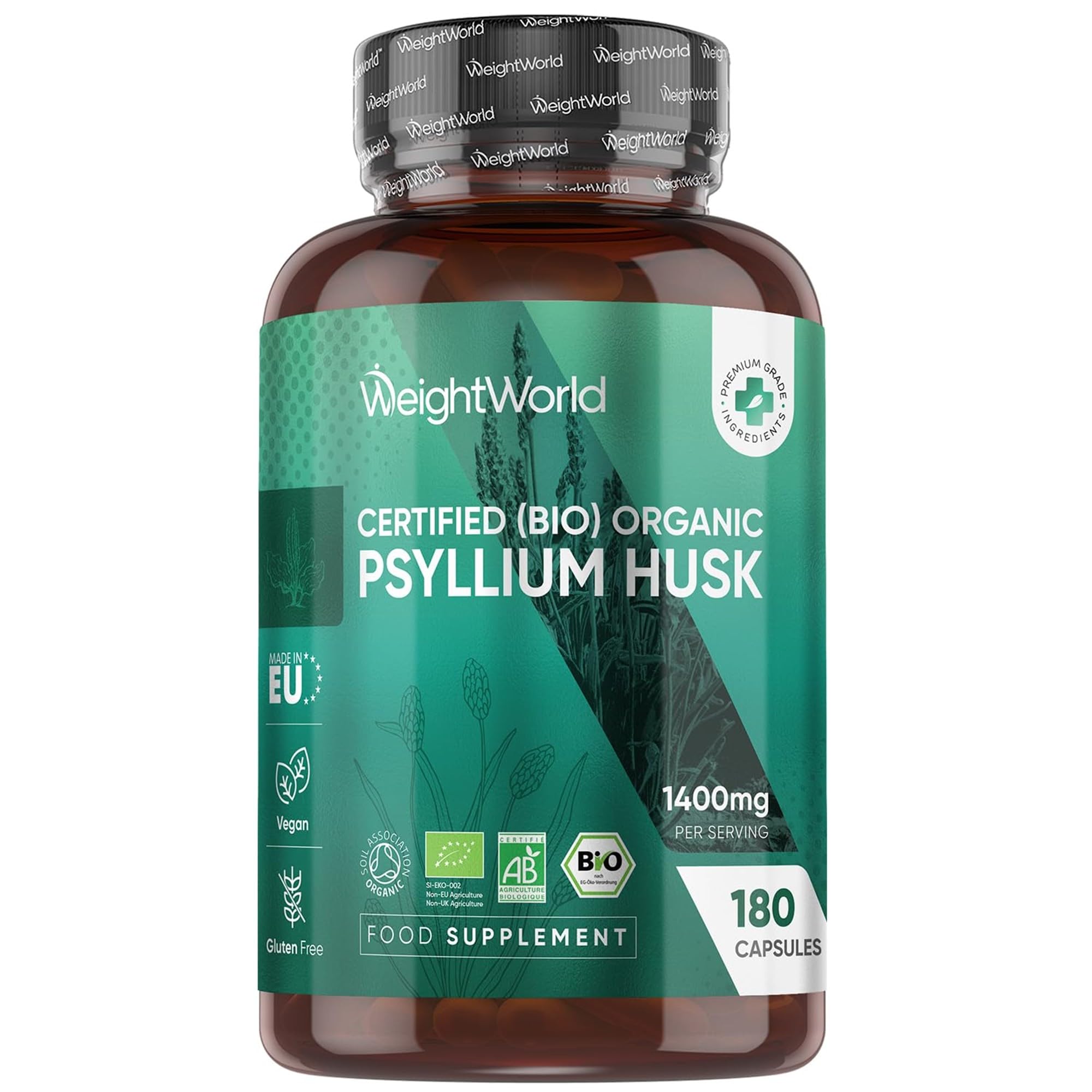 WeightWorld Organic Psyllium Husk Capsules - 3 Months Supply - High Strength Prebiotic Fibre Supplement - 180 Psyllium Husk Powder Capsules