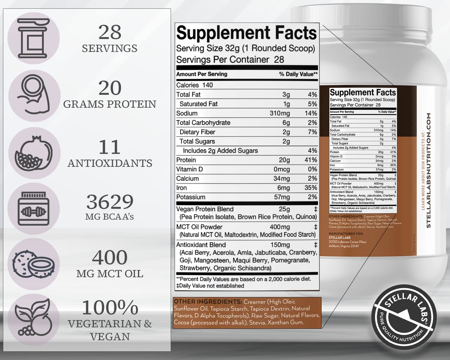 Stellar Labs Vegan Protein Powder with BCAA's & Antioxidants | Certified Low FODMAP, Non GMO, Gluten Free, Soy Free, Low Carb, with Stevia | Lean Plant Based Protein Powder Shakes | Chocolate