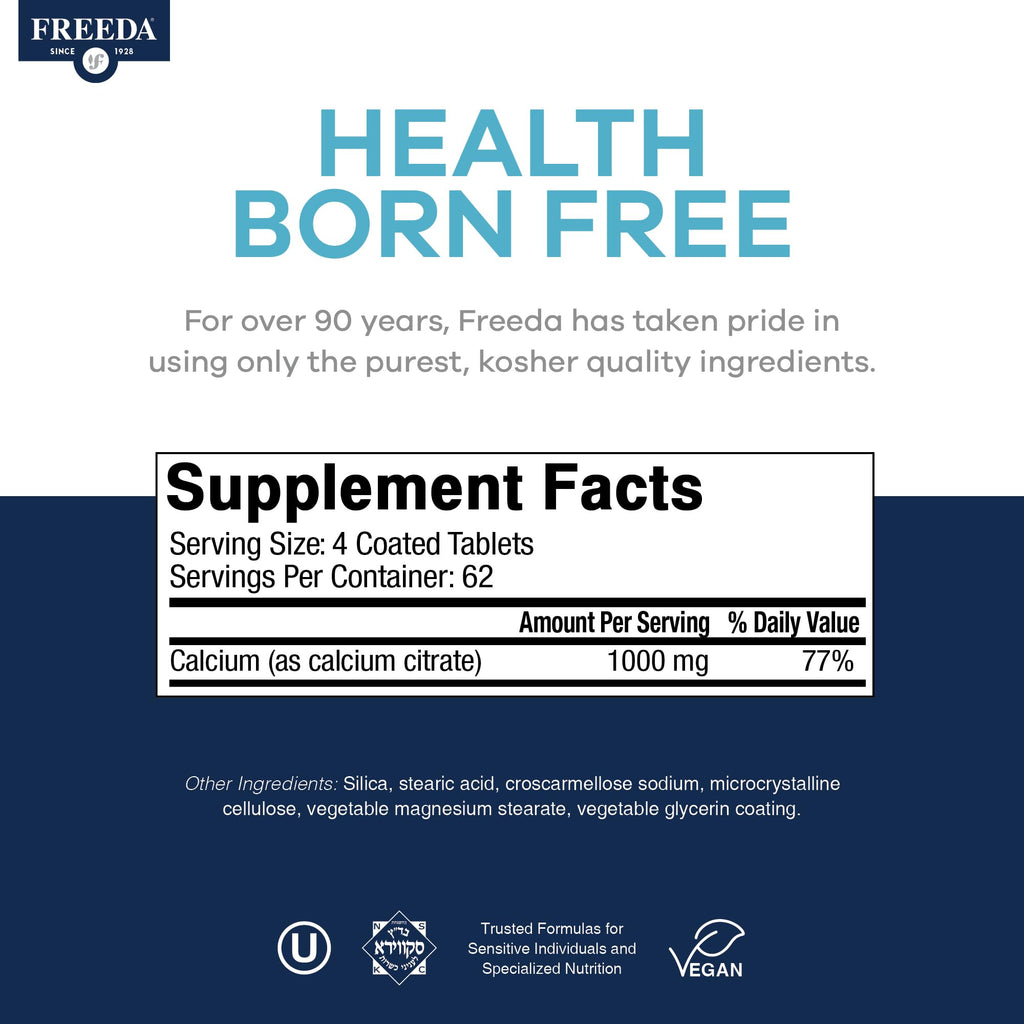 Freeda Pure Calcium Citrate 1000mg per Serving – Kosher Vegan Bone Strength Supplement – Supports Bone Density & Muscle Function – Calcium Supplements for Women and Men – No Vitamin D (250 Tablets)