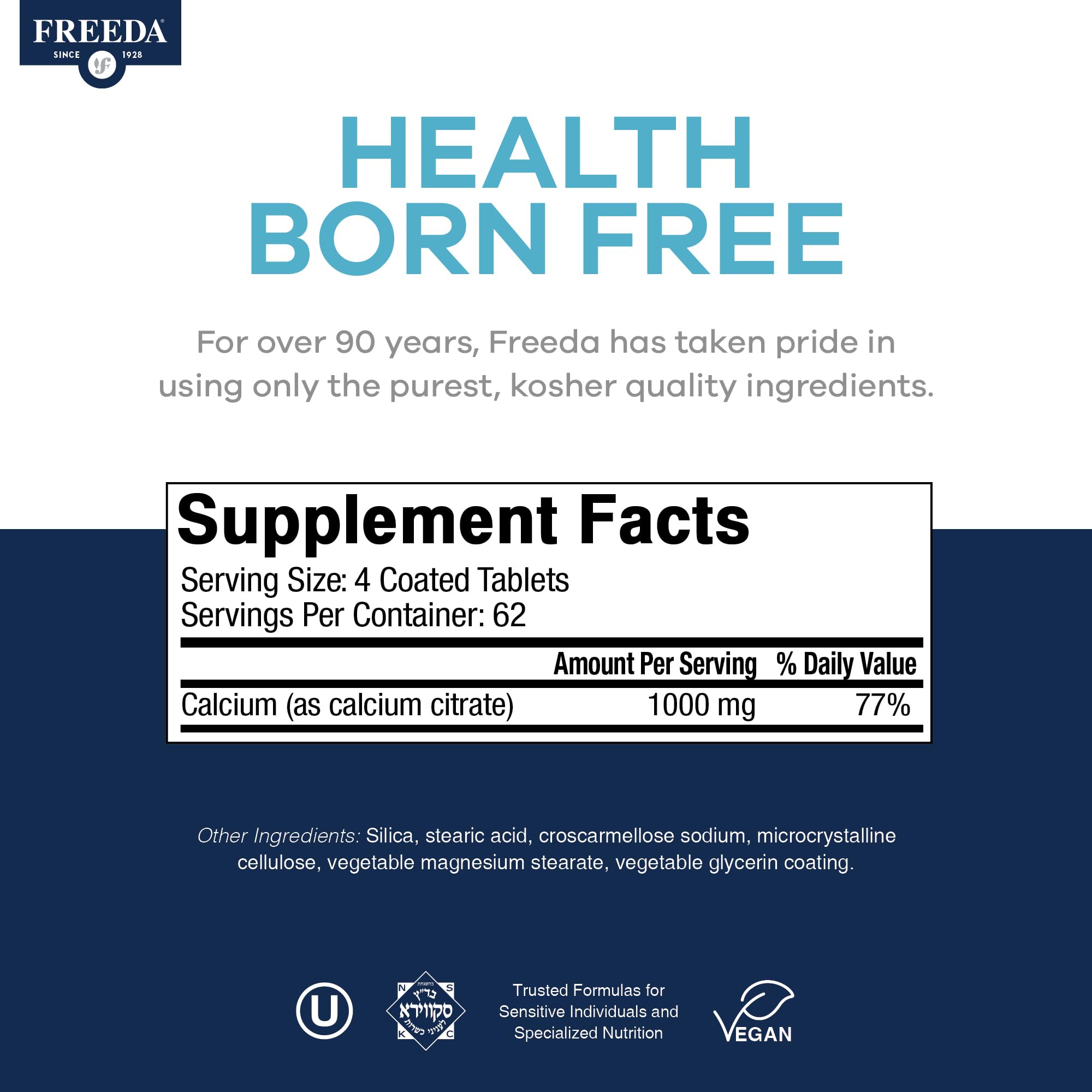 Freeda Pure Calcium Citrate 1000mg per Serving – Kosher Vegan Bone Strength Supplement – Supports Bone Density & Muscle Function – Calcium Supplements for Women and Men – No Vitamin D (250 Tablets)