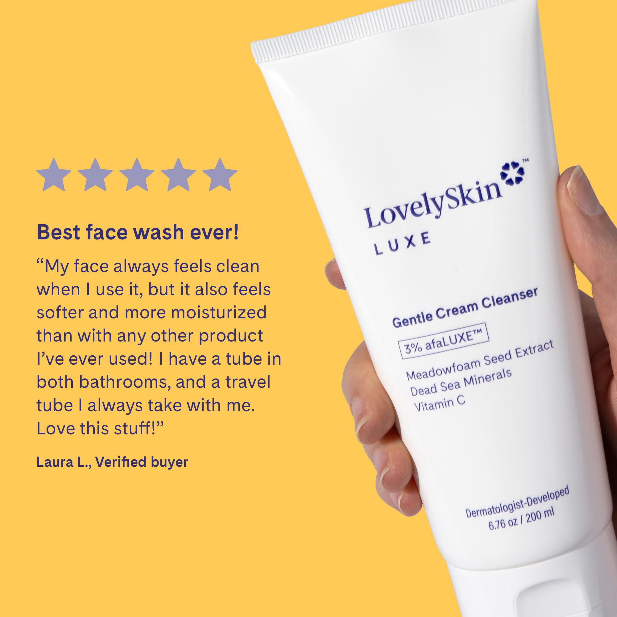 LovelySkin LUXE Gentle Cream Cleanser - Hydrating Face Wash & Makeup Remover with Vitamin C, afaLUXE & Meadowfoam Seed Extract - For Sensitive, Dry & Normal Skin, 6.76 fl oz