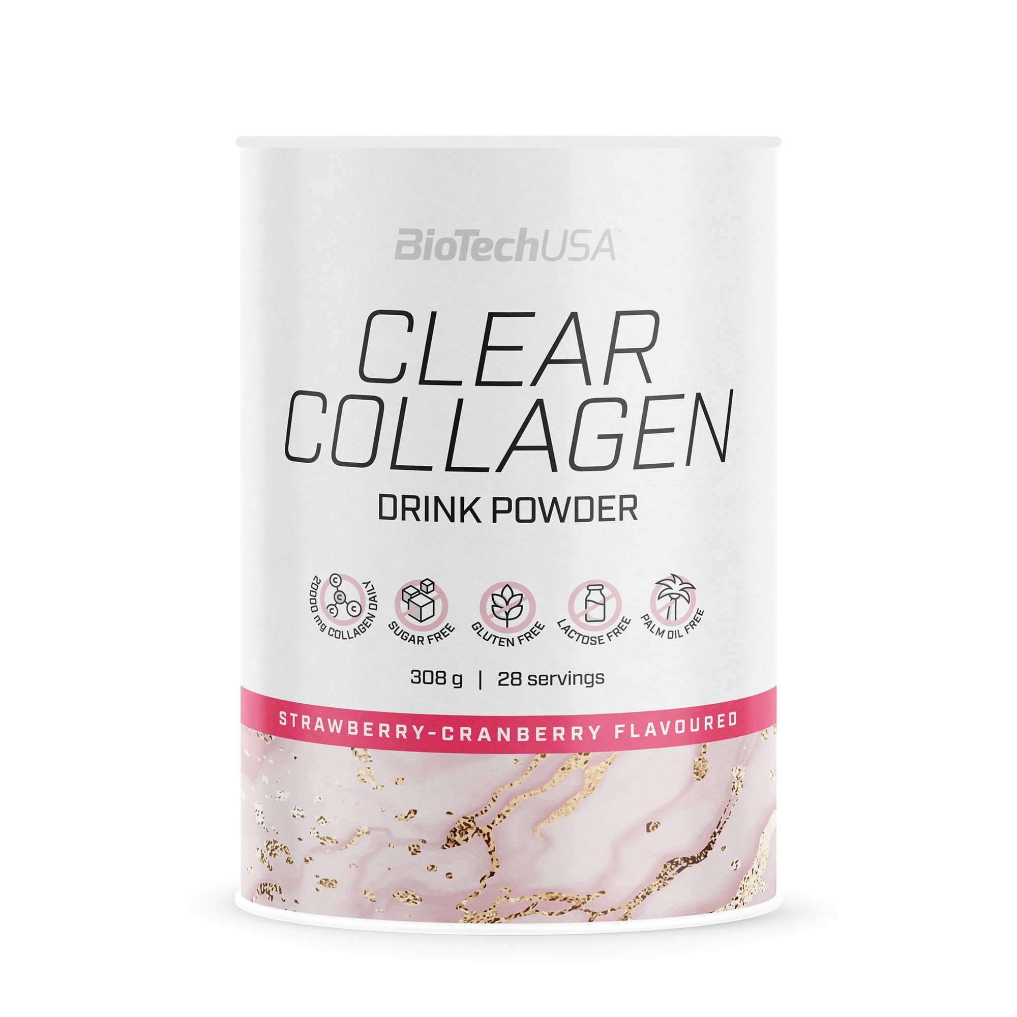 BioTechUSA Clear Collagen Drink Powder, A Refreshing, Flavoured Drink Powder containing hydrolysed Collagen and Sweetener, 308 g, Strawberry & Cranberry