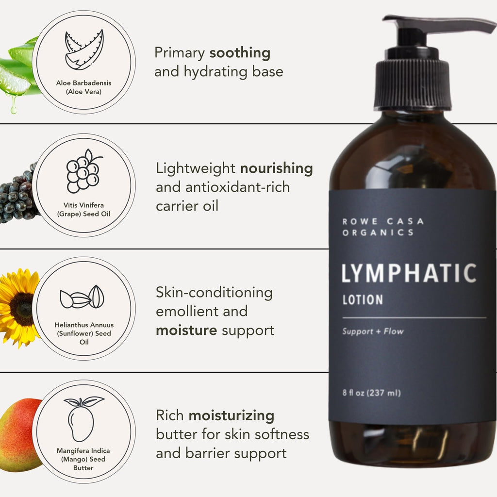 Rowe Casa Organics Lymphatic Lotion, Gentle Lymphatic Drainage Lotion with Therapeutic Grade Essential Oils, Non-Greasy Hydrating Lymph System Support, 8 fl oz