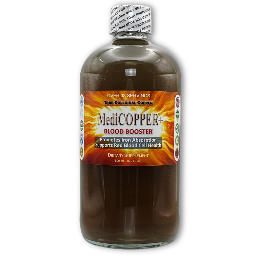 MediCOPPER® Plus Blood Booster True Colloidal Copper CuNP Nutritional Supplement - 500 mL in Clear Glass Bottle