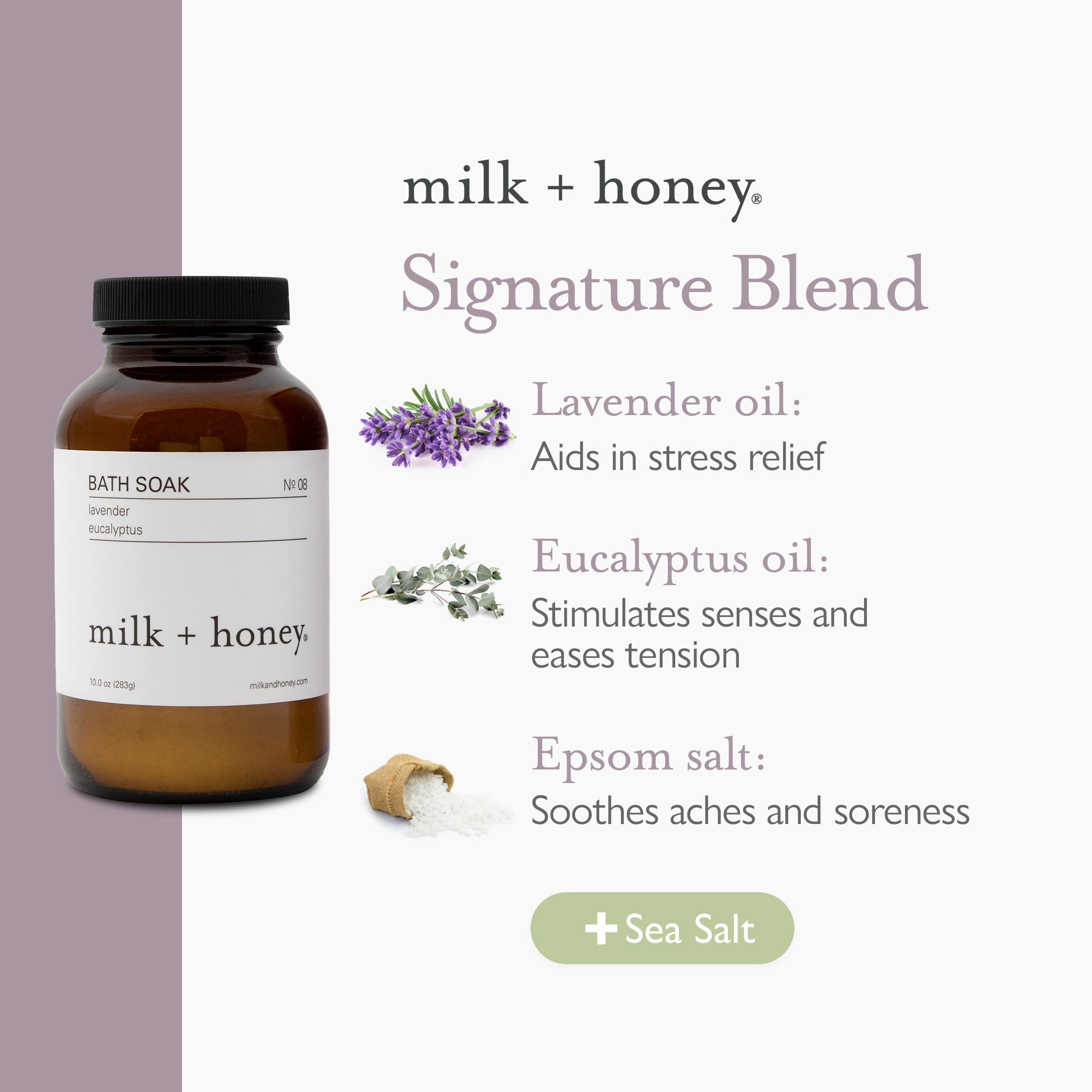 Milk + Honey Calming Bath Soak No. 8 – Moisturizing Epsom Salt with Lavender & Eucalyptus – Relaxing Aromatherapy Soak for Sore Muscles, Dry Skin & Stress Relief – 10 oz