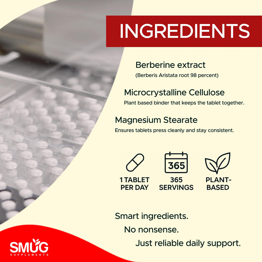 Berberine 98% Extract – 365 Micro Tablets – One A Day – Plant Based – Vegan – Made in Britain – SMUG Supplements