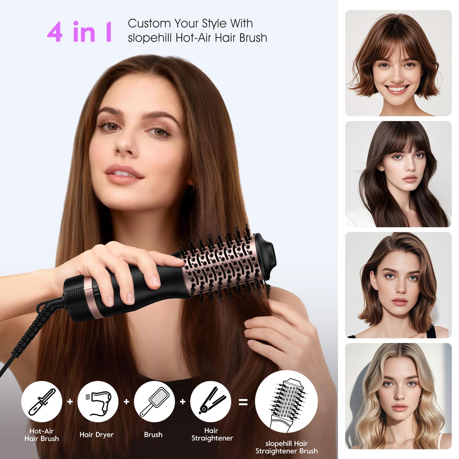 slopehill Mini Travel Dual Voltage Hair Dryer Brush,1000 Watts Hot Air Brush with European Plug, Ionic Hair Dryer and Styler for Women, Oval Barrel 2 Heat & 2 Speed Settings for International Travel