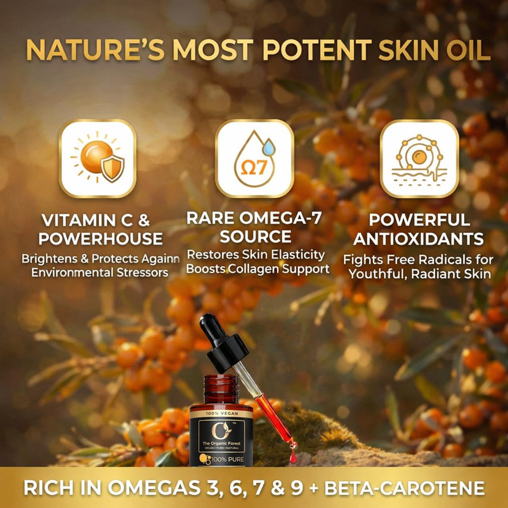 Organic Sea Buckthorn Oil Cold Pressed - 100% Pure Seabuckthorn Oil for Face, Skin & Hair | Anti-Aging, Acne & Dry Skin Care