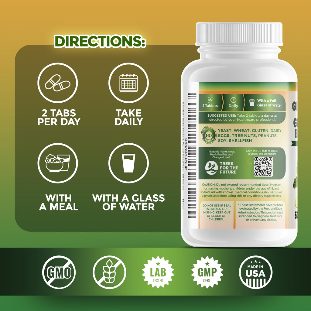 GreeNatr Ginko Biloba & Panax Ginseng Supplement - Red Ginseng Brain Supplement for Memory and Focus - Ginkgo Biloba Supplements for Good Vision, Immune System and Improved Blood Flow - 3 Bottles