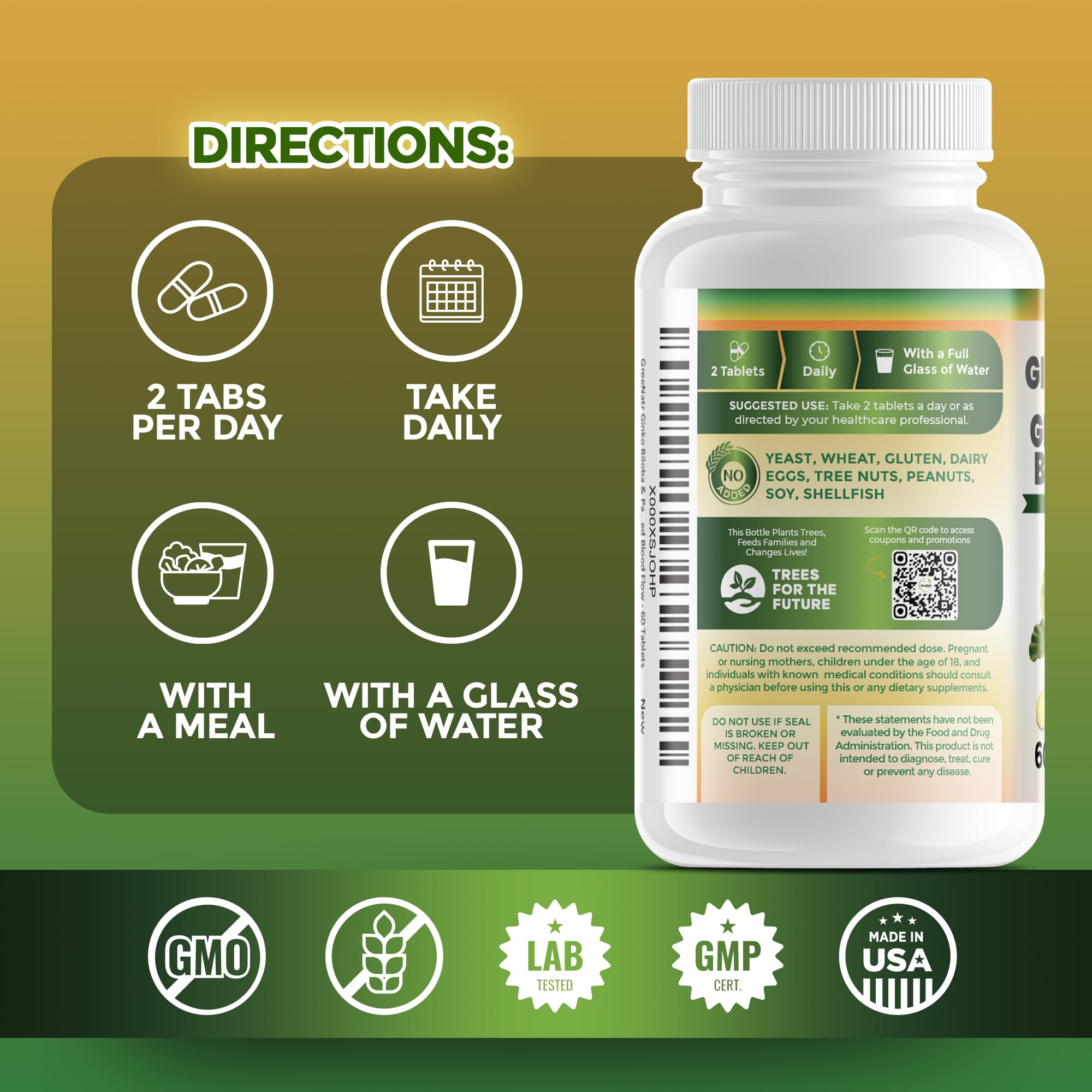 GreeNatr Ginko Biloba & Panax Ginseng Supplement - Red Ginseng Brain Supplement for Memory and Focus - Ginkgo Biloba Supplements for Good Vision, Immune System and Improved Blood Flow - 3 Bottles