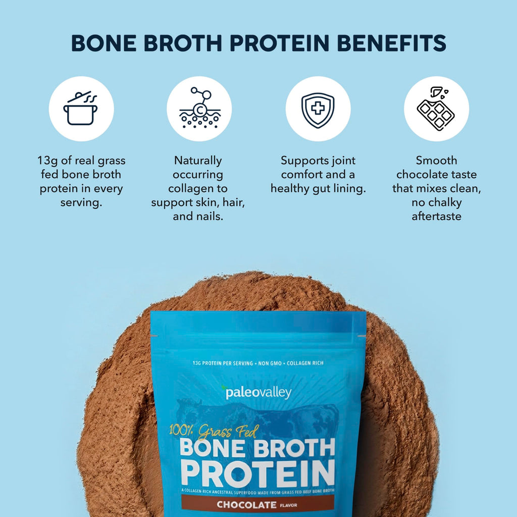 Paleovalley 100% Grass Fed Beef Bone Broth Protein Powder - Rich in Collagen Peptides for Hair, Skin, Gut Health, Bone and Joint Support - 13g Protein Per Serving - No Gluten or GMOs - Chocolate