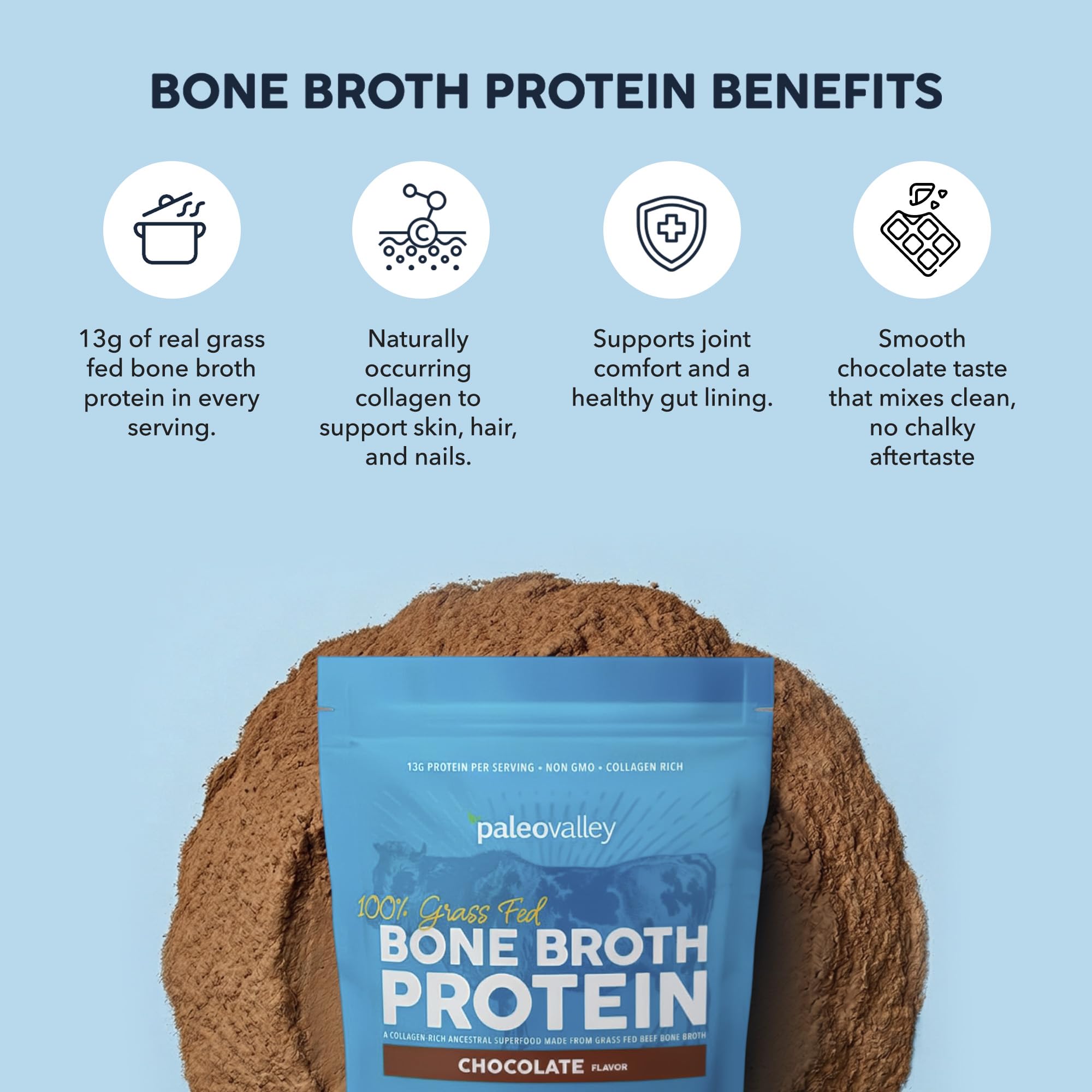 Paleovalley 100% Grass Fed Beef Bone Broth Protein Powder - Rich in Collagen Peptides for Hair, Skin, Gut Health, Bone and Joint Support - 13g Protein Per Serving - No Gluten or GMOs - Chocolate
