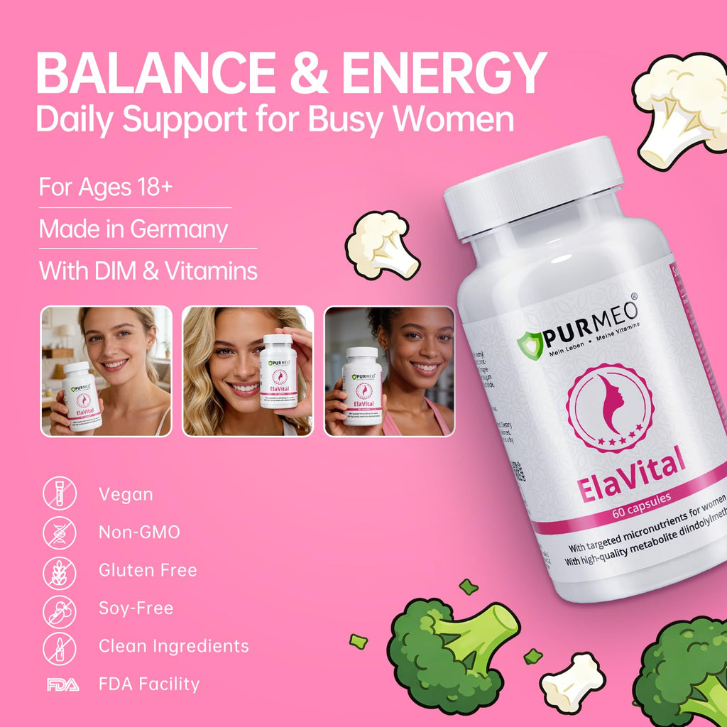 purmeo DIM Supplement for Women - Hormonal Balance Support for PMS, Mood, Bloating & Menopause Relief with Flaxseed, Vitamins & Herbal Extracts, Vegan, Non-GMO