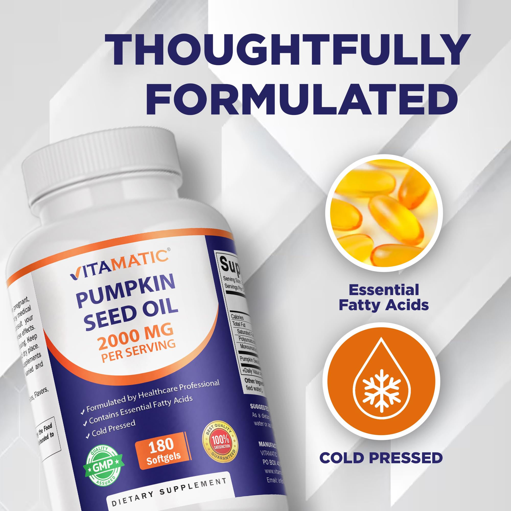 Vitamatic Pumpkin Seed Oil 2000 mg per Serving, 180 Softgels (3 Pack)