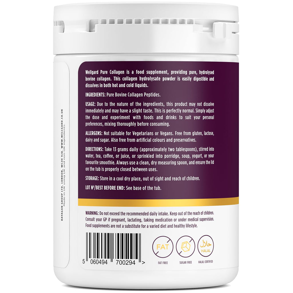 Collagen Powder, Gold Standard Bovine Collagen Peptides Powder by Wellgard - High Levels of The 8 Essential Amino Acids, Collagen Supplements for Women & Men, Halal Collagen, Made in UK