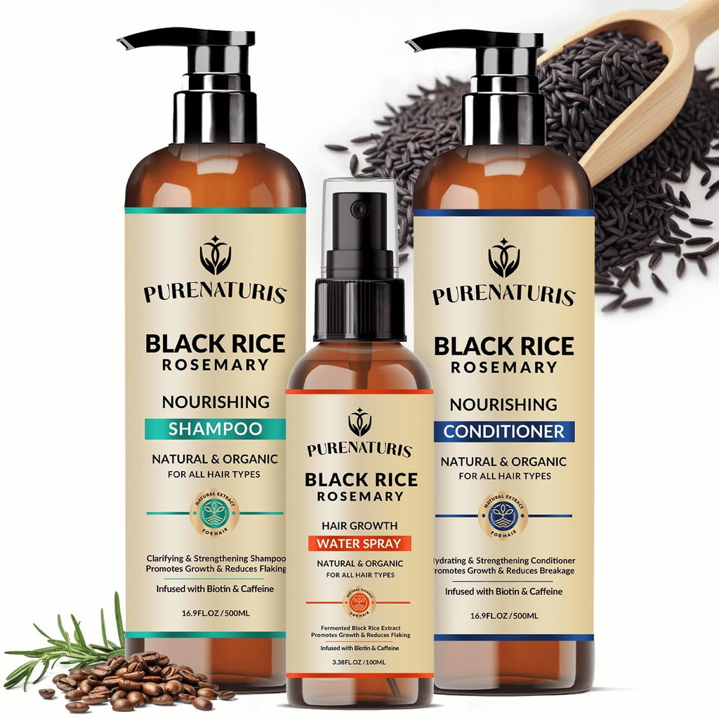 PureNaturis Organic Rosemary Black Rice Water Shampoo Conditioner Set for Hair Growth, Rice Water Spray, w/Rosemary Water, Biotin, Caffeine, Routine Shampoo for Women Men Hair Loss Thickening, Longer
