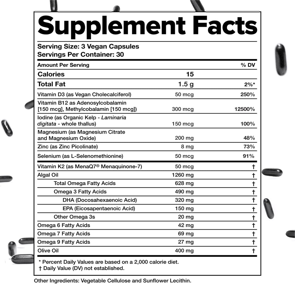 Complement Essential Vegan Multivitamin for Women & Men - Immune Support Supplement with Omega-3 DHA & EPA, B12, Vitamin D3 & K2, Zinc, Selenium, Magnesium, Iodine (30 Servings, 90 Capsules)