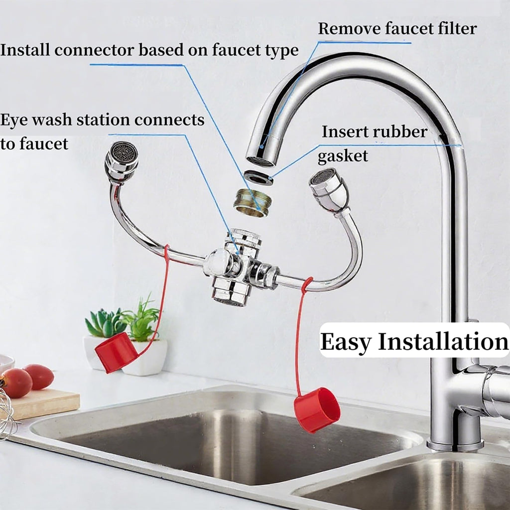 Faucet Mounted Eye Wash Station, 360° Rotation Emergency Eye Wash Unit for Sink Attachment, First Aid Eye Wash Kit with 3 Adapters for Lab Factory Office Home Laundry Room, Continuous Flow